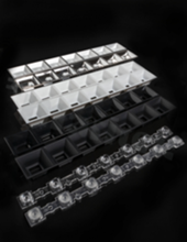 Lens for Mid power LED; distribution angle: 35 degrees FWHM; number of LEDs: 14; size: 280x40mm; height: 20.3mm; material type: PMMA; fastening: pin; screws; clips