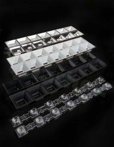 Lens for Mid power LED; distribution angle: 35 degrees FWHM; number of LEDs: 14; size: 280x40mm; height: 20.3mm; material type: PMMA; fastening: pin; screws; clips