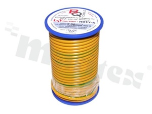 Przewód pojedynczy LGY/H05V-K; z wielodrutową miedzianą żyłą; żółty/zielony; przekrój 2.50mm2; AWG 14; 500V; -40+105 st.C; 10m.