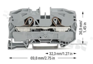 Złączka instalacyjna; 1-poziomowa; przelotowa; 2-zaciskowa na przewód 0.5-16.0mm2 (20-6AWG); ze stykiem sprężynowym; szara; na szynę DIN; 600V/85A