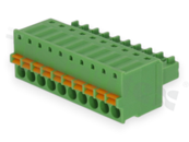 Pluggable terminal block; 3.50mm pitch; 10-ways; female; for wire 1.50mm2 (28-16AWG); wire insertion direction same as plug-in direction; p.bronze contacts; spring clamp; brass cage; UL 300/8A TUV 250/12A