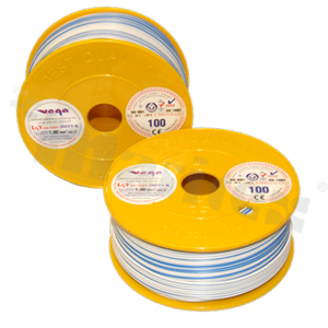 Przewód pojedynczy LGY/H05V-K; z wielodrutową miedzianą żyłą; biały/niebieski; przekrój 1.00mm2; AWG 17; 500V; -40+105 st.C; 100m.