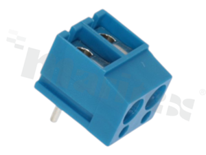 Listwa zaciskowa do PCB; w rastrze 5.00mm; 2-torowa; kątowa; na przewód 2.50mm2; ze śrubami na wkrętak płaski; klatka mosiężna; niebieska; 250V/16A