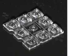 Lens for LED high power; mid power; angle: asymmetric; Number of LEDs: 8; Dimensions: 50x50mm; Height: 5.8mm; meterial: PMMA; Fastening: pin; screw