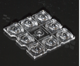 Lens for LED high power; mid power; angle: asymmetric; Number of LEDs: 8; Dimensions: 50x50mm; Height: 5.8mm; meterial: PMMA; Fastening: pin; screw