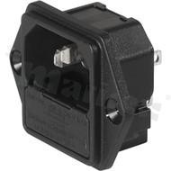 Gniazdo zasilające IEC C14 z uchwytem bezpiecznikowym 1-polowym; montaż: do panela 2,5mm, zatrzaskowe; konektory 6,3x0,8mm; IP40; 10A/250VAC