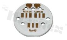 MCPCB, thermal conductivity 2W/(m*K), thickness: 2mm, number of layers - 1, white soldermask, legend color: gold, size: diameter 31mm, pad cover: gold; for MX LEDs, /3