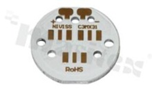 Podłoże MCPCB, przewodność cieplna 2W/(m*K), grubość: 2mm, Ilość warstw - 1, biała soldermaska, kolor legendy: złota, rozmiar: średnica 31mm, pokrycie padów: złoto; do diod MX, /3