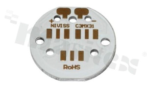 MCPCB, thermal conductivity 2W/(m*K), thickness: 2mm, number of layers - 1, white soldermask, legend color: gold, size: diameter 31mm, pad cover: gold; for MX LEDs, /3