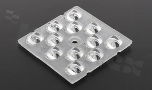 Lens for LED high power; angle: oval 45 x 155 degrees ; Number of LEDs: 12; Dimensions: 50x50mm; Height: 5.3mm; material: PMMA; Fastening: screw