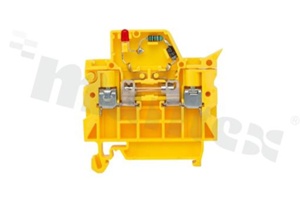 Złączka szynowa; z gniazdem bezpiecznikowym; 1-poziomowa; 2 zaciskowa na przewód 0,5-4mm2; zacisk śrubowy; zielona ; na szyne DIN; 690V/6,3A; napięcie robocze AC 24V