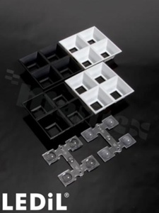 Odbłyśnik for LED; Number of LEDs: 4; Dimensions: 80X80mm; Height: 21mm; meterial: PC; Fastening: pin; screw; clips