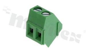 PCB terminal block; pitch 5.00mm; 2-ways; 45 deg angle; wire range 2.5mm2 (AWG 24-12); rising clamp type; with screws for a flat screwdriver; green color; brass cage; UL 300V/20A, TUV 250V/24A