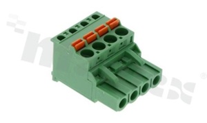 Pluggable terminal block; 5.00mm pitch; 4-ways; female; for wire 2.50mm2 (26-12AWG); R/A; p.bronze contacts; spring clamp; brass cage; UL 300/10A TUV 320/20A