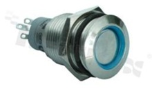 Push button switch; bistable; 16mm; solder terminals; nickled; ring blue illumination; IP67