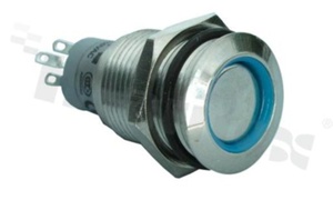 Push button switch; bistable; 16mm; solder terminals; nickled; ring blue illumination; IP67