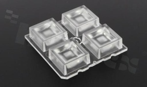 Lens for LED high power; mid power; angle: 82 to 112 degrees FWHM; Number of LEDs: 4; Dimensions: 50x50mm; Height: 10mm; meterial: PMMA; Fastening: tape; screw